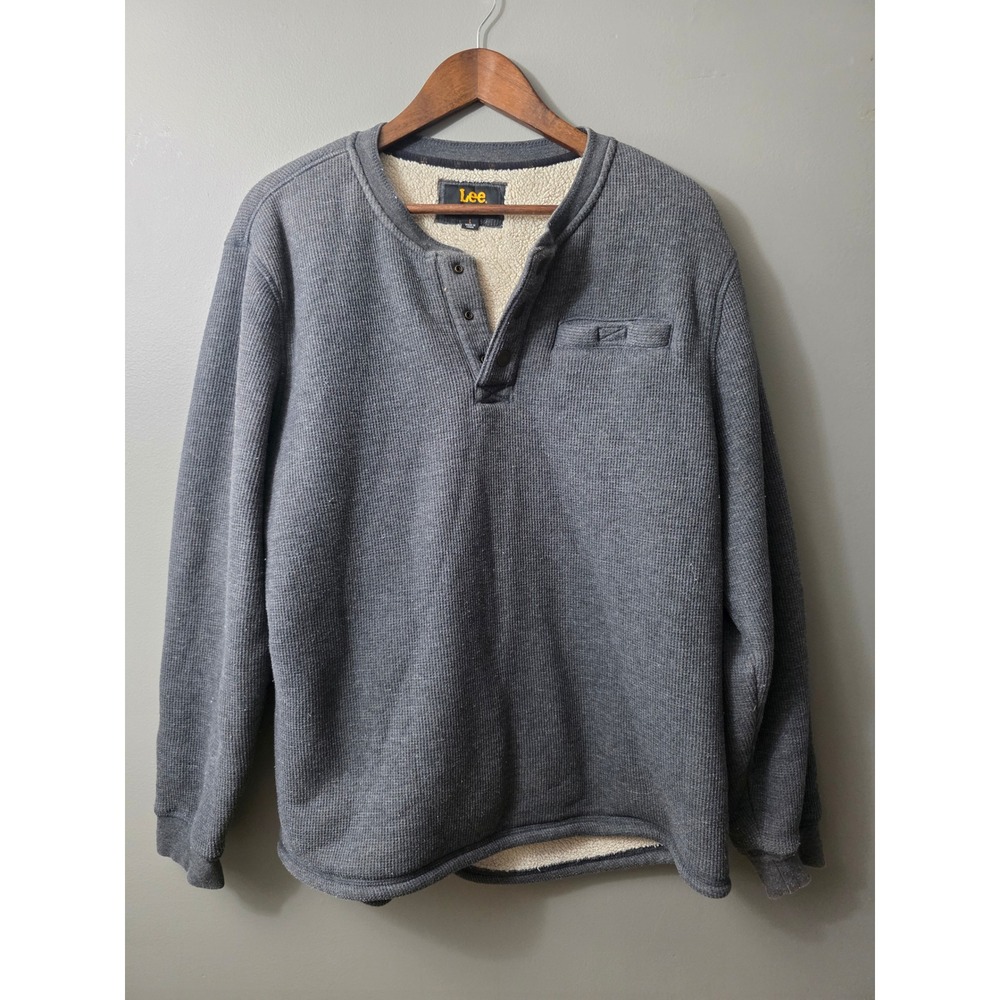 Lee Premium Select Mens Sherpa Lined Thermal Henley Waffle Knit Shirt Gray L